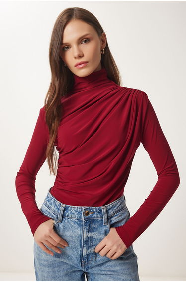 Women's Burgundy Gathered Detailed High Neck Sandy Blouse
