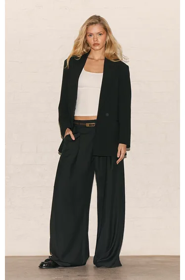 Black Woven Double Pleat Wide Leg Trousers