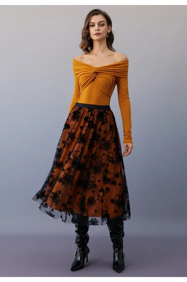 Haunting Skull and Spider Web Tulle Skirt in Pumpkin