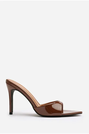 Indira Brown Patent Open Toe Stiletto Mules