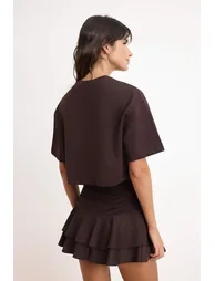 Brown Boxy Low Arm Short Sleeve 2 Thread Knitted T-Shirt - 3