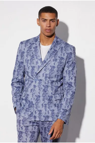 Slim Fit Wrap Dragon Printed Suit Jacket - ice blue