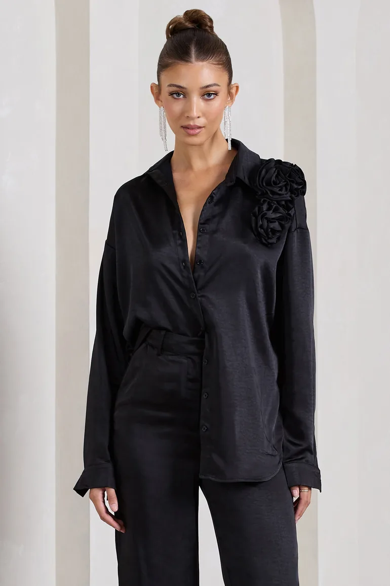 Rosanna | Black Satin Oversized Shirt With Flowers - 4
