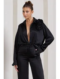 Rosanna | Black Satin Oversized Shirt With Flowers