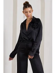 Rosanna | Black Satin Oversized Shirt With Flowers - 3