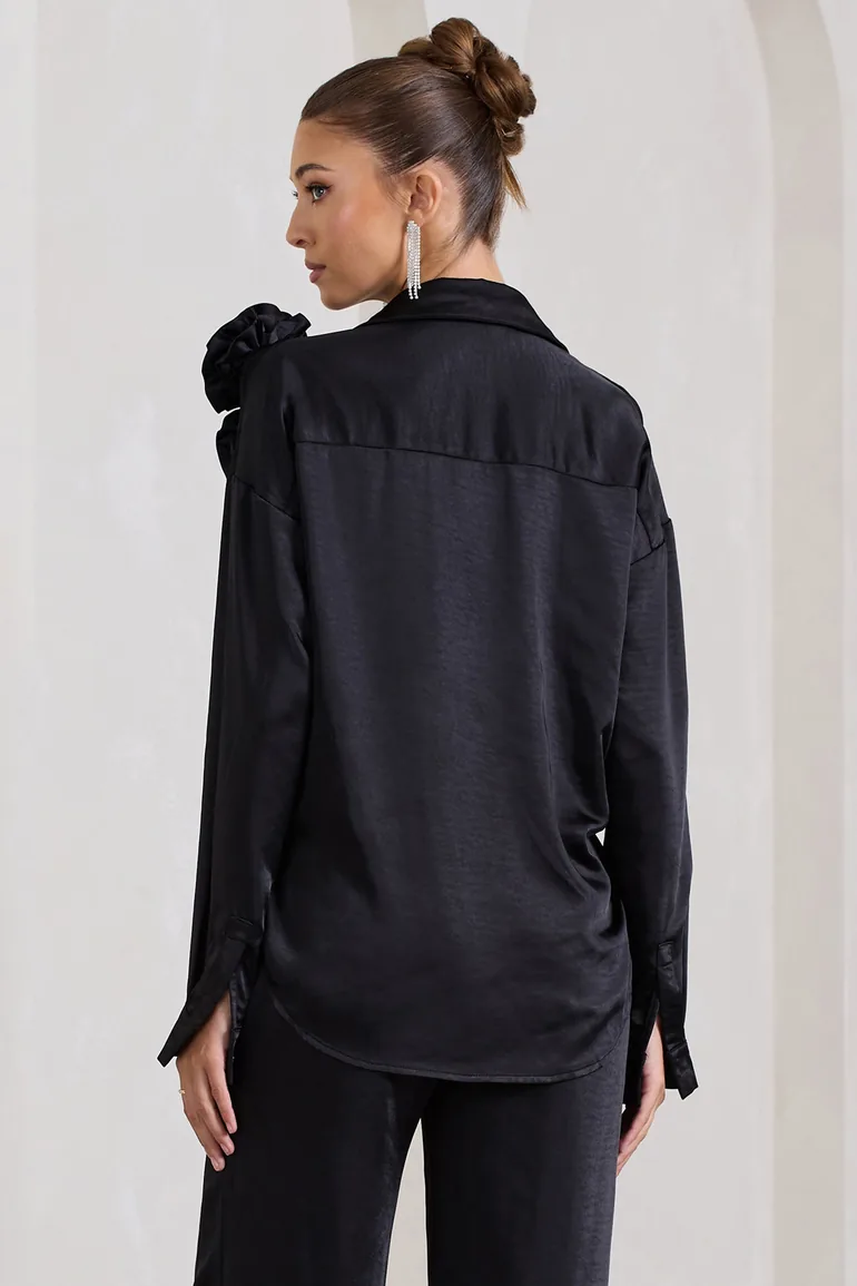 Rosanna | Black Satin Oversized Shirt With Flowers - 1