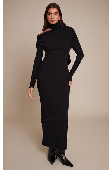 Black Brushed Rib Scarf Detail Long Sleeve Asymmetric Ruched Maxi Dress