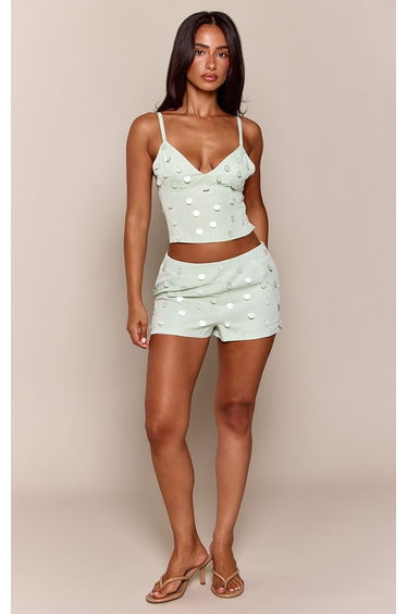 Petite Turquoise Shell Embellishment Tailored Woven Mini Shorts Co-ord