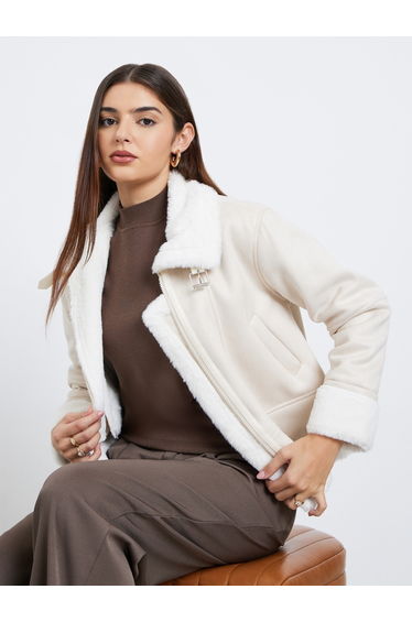 Beige Regular Fit Faux Shearling Aviator Jacket