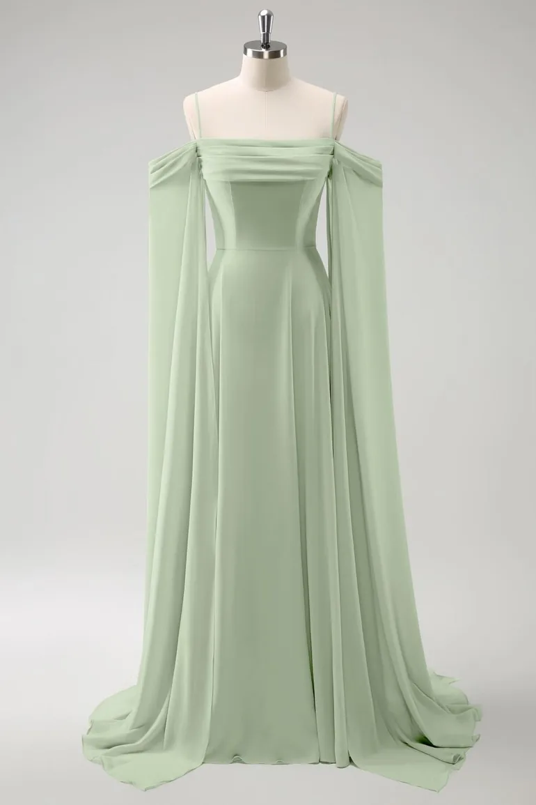 Light Green Chiffon Cold Shoulder Watteau Train Bridesmaid Dress Leely :  Dresses : VogaCloset Oman