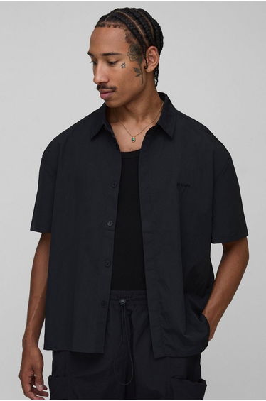Oversized Concealed Placket Crinkle Short Sleeve Shirt - black