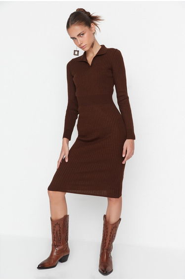 Brown Bodycon Midaxi Slip Dress with Long Sleeves