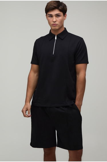 Seam Detail Regular Fit 1/4 Zip Polo & Regular Short Set - black