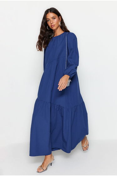 Blue A-Line Maxi Smock Dress with Long Sleeves