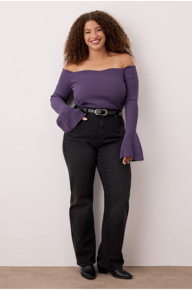 Purple Ribbed Carmen Collar Sweater Sweater