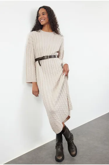 Beige Hair Braid Maxi Hair Braid Maxi Knitwear Dress