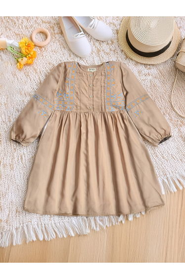 Embroidered Balloon Sleeves Knee-Length Dress