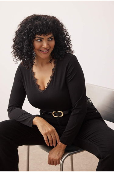 Black V-Neck Lace Detailed Knitted Plus Size Bodysuit