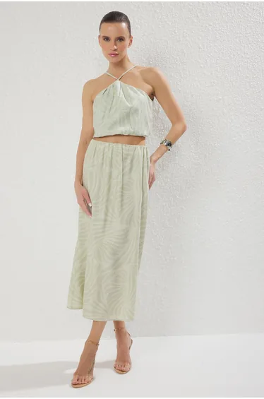 Green Patterned Blouse Midi Skirt Viscose Woven Bottom-Top Set