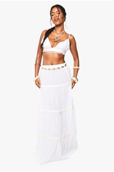 Shell Embellished Maxi Beach Skirt - ecru