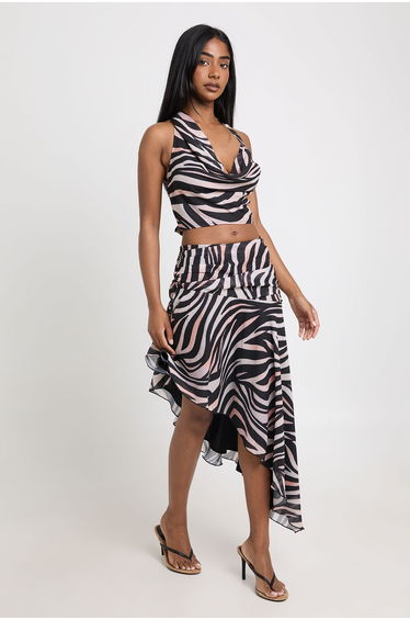 Zebra Hankey Hem Asymmetric Midi Skirt - zebra