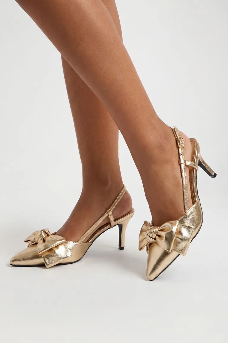 Bow Detail Slingback Pointed Court Heels - gold