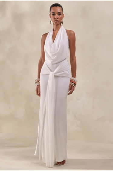 Rosetide | White Cowl-Neck Maxi Dress With Gathered-Detailing And Sash