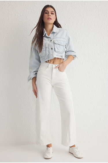 White Stitch Detail High Waist Barrel Baggy Jeans