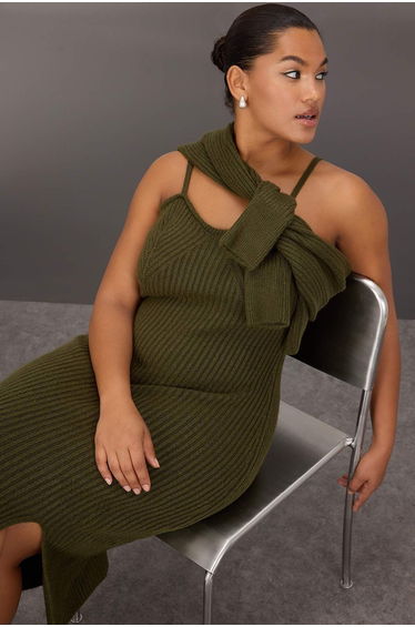 Khaki Corded Slit Knitwear Plus Size Dress & Bolero Suit