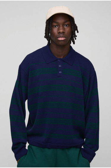 Oversized Striped Knitted Polo - navy