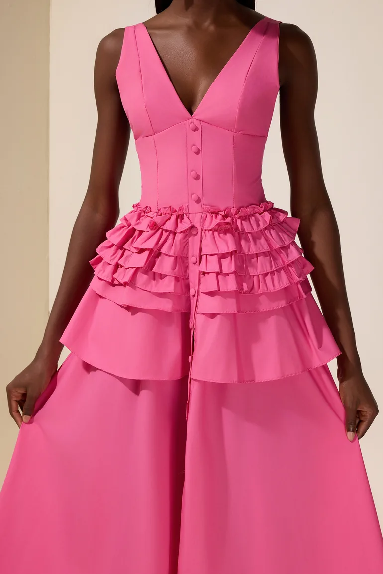 Solid Single Breasted V-Neck Ruffle Smocking Maxi Dress - 6