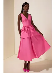 Solid Single Breasted V-Neck Ruffle Smocking Maxi Dress