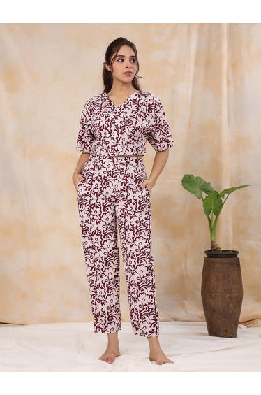 All Over Print V Neck Placket Detail Top and Pants Co-Ords