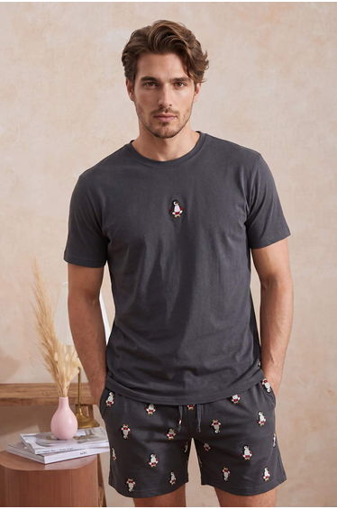 Anthracite Regular Penguin Embroidered Shorts-Tshirt Knitted Pajama Set