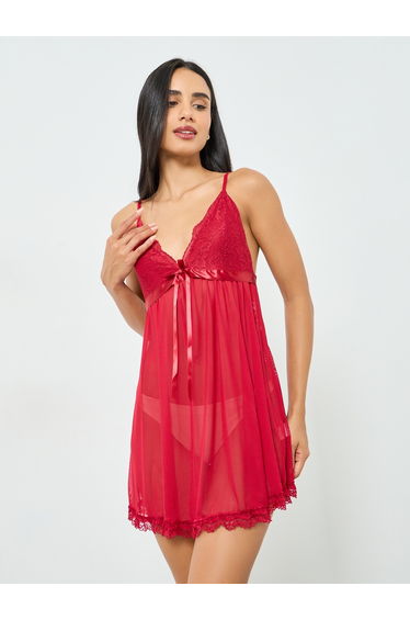 Red Lace Trim Bow Detail Slip Dress