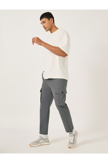 Men Grey Solid Cargo Pants with Drawstring Hem