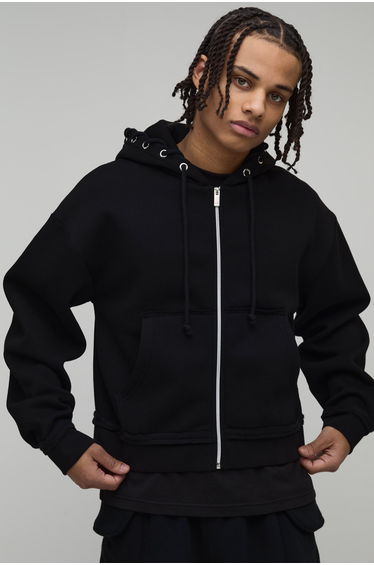 Shrunken Fit Zip Thru Hoodie - black