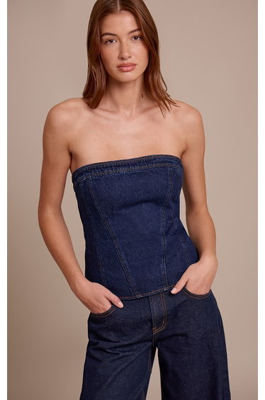 Indigo Strapless Bustier Detail Denim Corset Top
