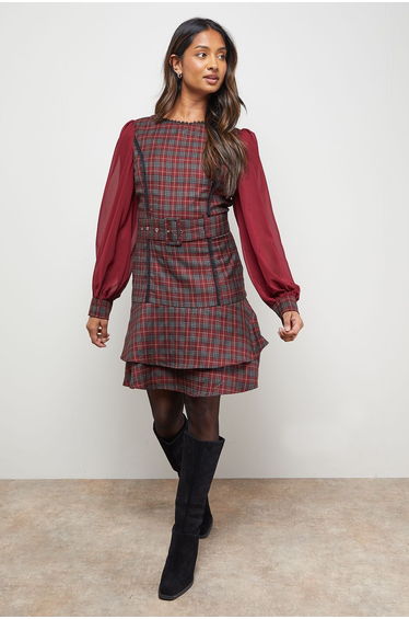Checked Belted Balloon Sleeve Flippy Mini Dress