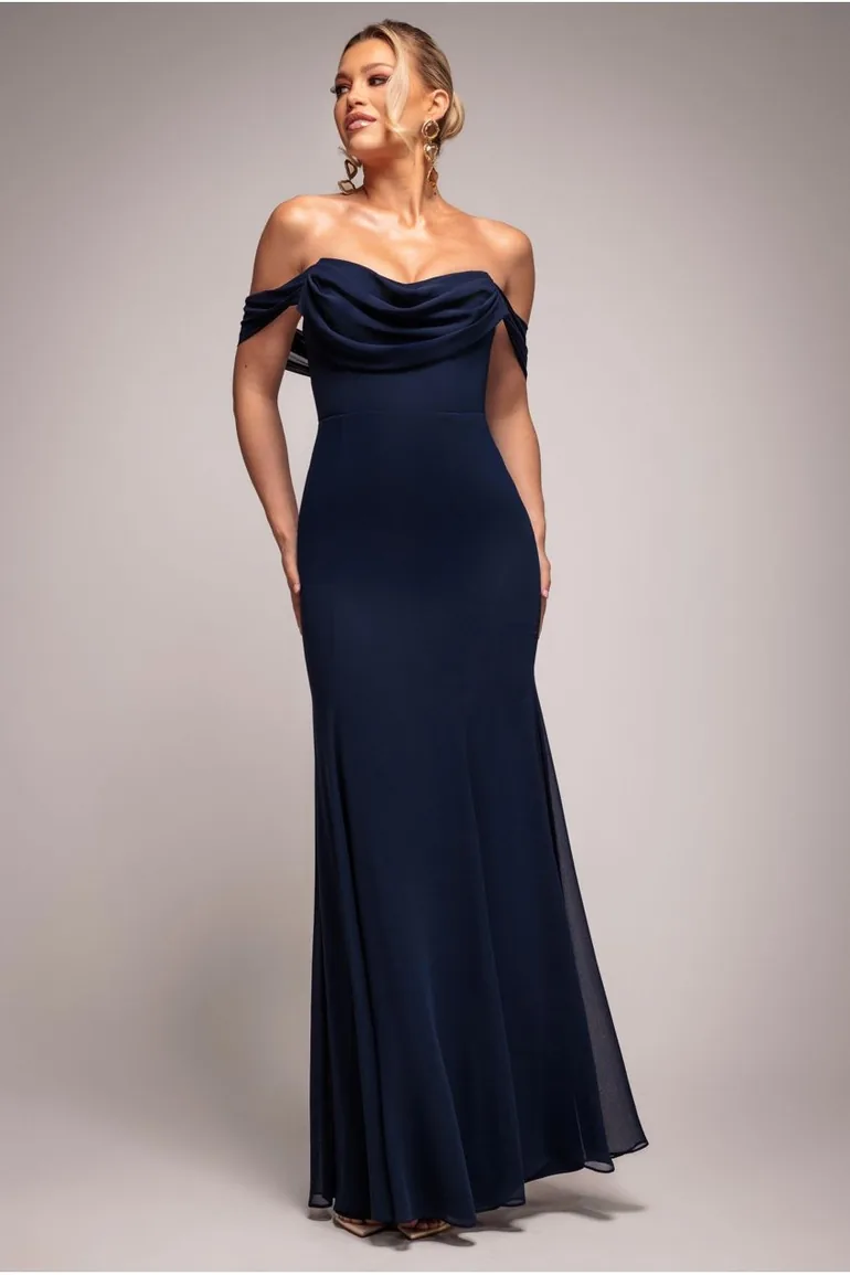 Goddiva Chiffon Bardot Cowl Neck Maxi Dress