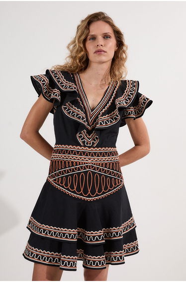 Embroidered Cotton Linen Woven Plunge Mini Dress