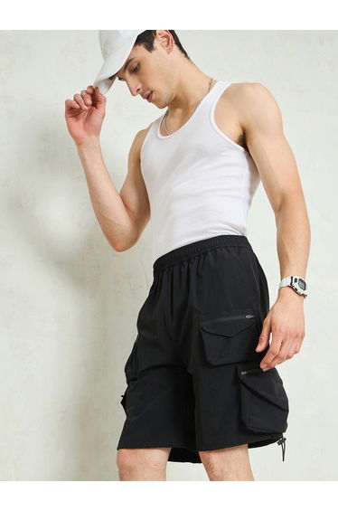 Black Utility Pocket Parachute Shorts