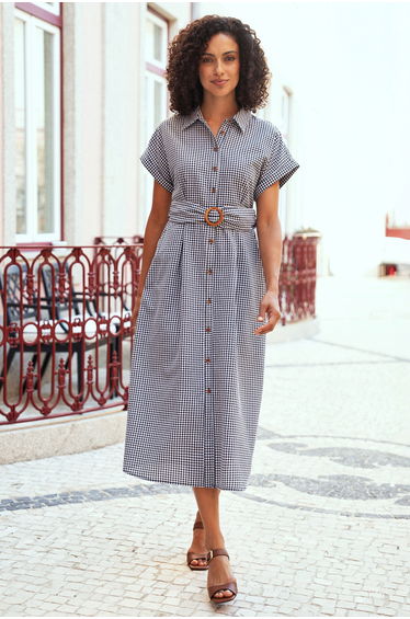 Yumi Black Gingham Relaxed Shirt Dress With Matching Belt