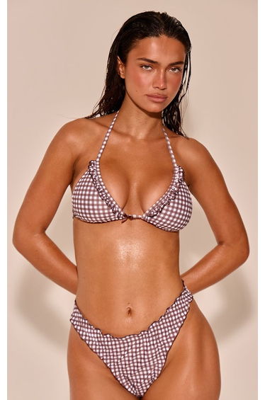 Chocolate Gingham Print Frilly Triangle Bikini Top
