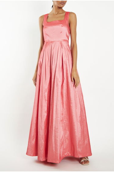 Pink Pleated A-Line Maxi Skater Dress
