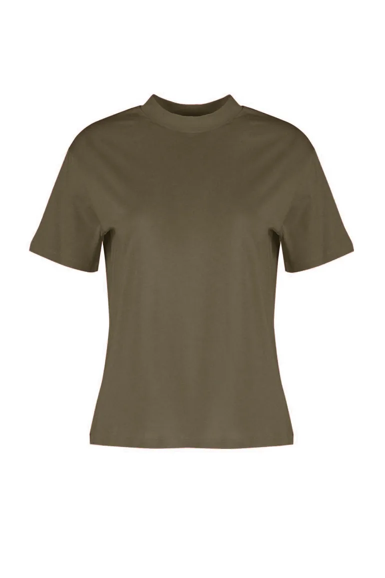 Dark Oil Green 100% Cotton Basic Stand Collar Knitted T-Shirt - 6