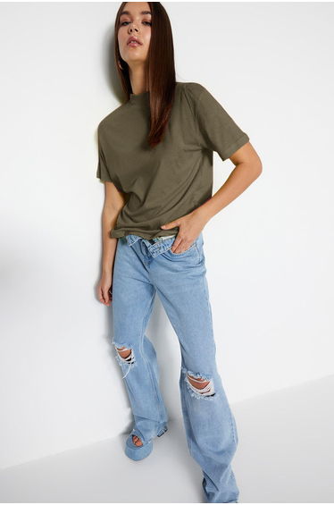 Dark Oil Green 100% Cotton Basic Stand Collar Knitted T-Shirt