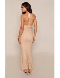 Stone Textured Lace Halter Neck Plunge Maxi Dress - 1
