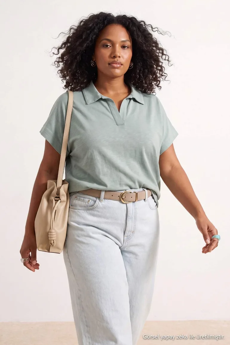 Khaki Regular/Normal Fit Polo Collar Low Sleeve Knitted Plus Size T-Shirt - 1