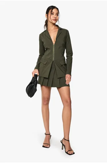 Bengaline Pleated Mini Skirt - khaki